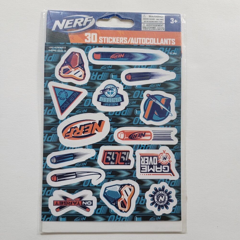 Nerf 30-count stickers with 2 foil stickers, 2020 Hasbro, New